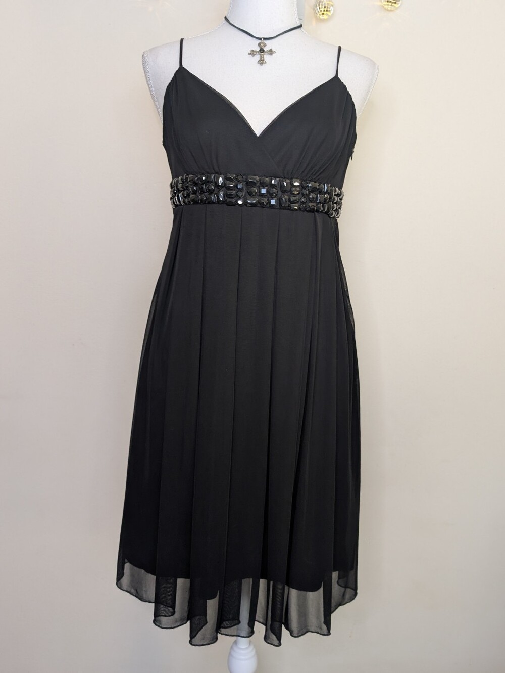 Y2K Dark Fairy Beaded Empire Waist Midi Dress